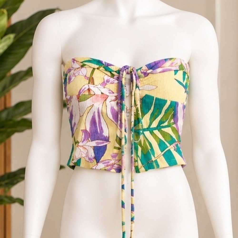 Billabong Womens Tube Top Tropical Floral Tie Front Ribbed Yellow Medium